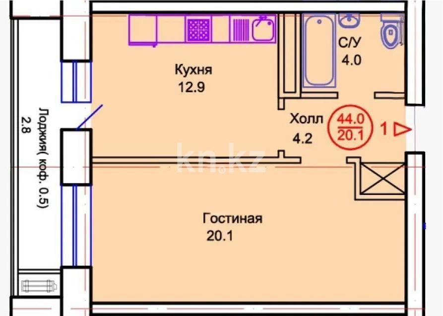 Продажа 1-комнатной квартиры, 44 м², пр. Тауелсыздык, дом  34/8 стр в Астане