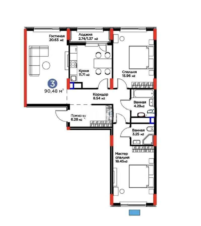 Продажа 3-комнатной квартиры, 90.48 м² в Астане