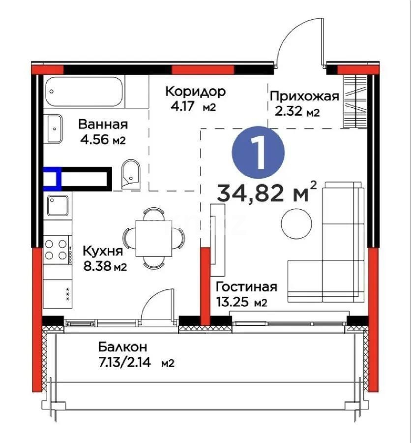 Продажа 1-комнатной квартиры, 34.82 м² в Алматы - фото 2
