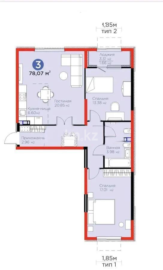 Продажа 3-комнатной квартиры, 78.07 м², ул. Тараз, дом  8/18 стр в Алматы - фото 3