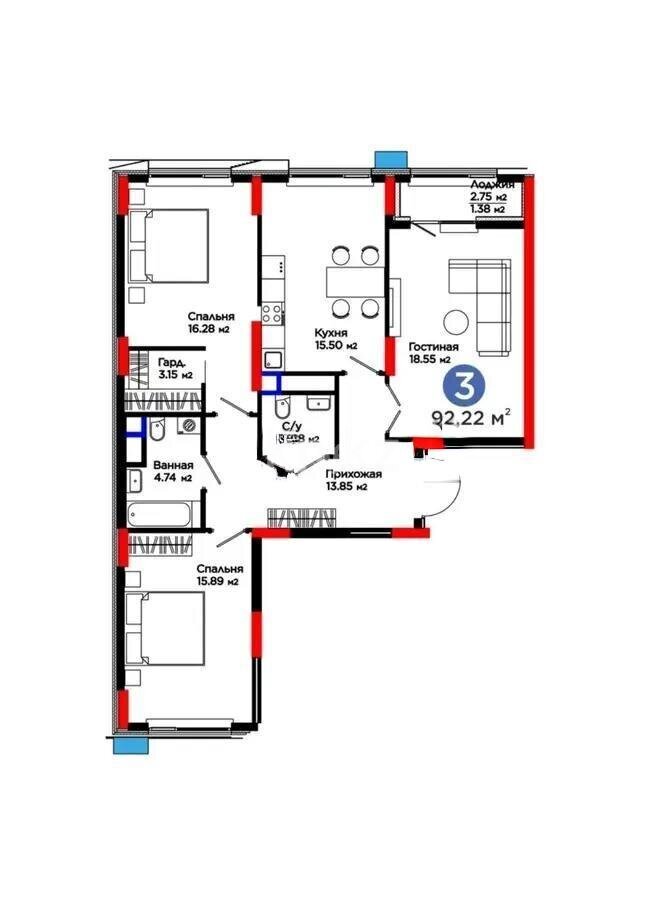 Продажа 3-комнатной квартиры, 93 м² в Астане