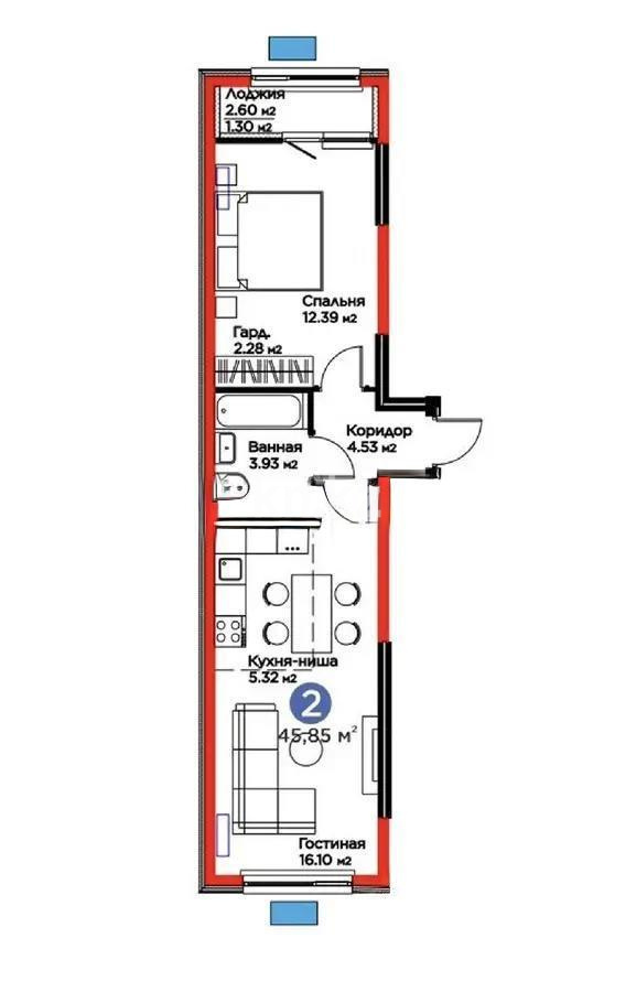 Продажа 2-комнатной квартиры, 45.85 м² в Алматы