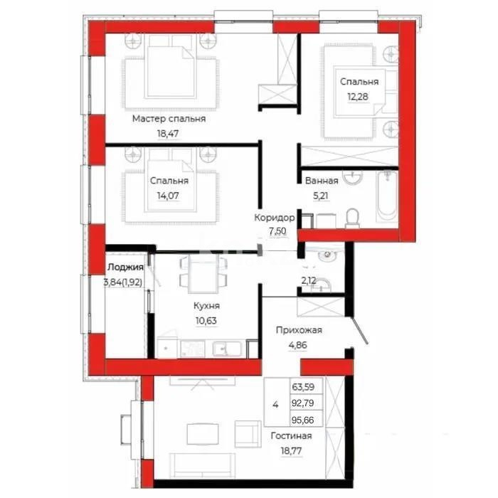 Продажа 4-комнатной квартиры, 95.66 м² в Астане
