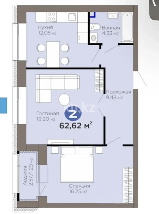 Продажа 2-комнатной квартиры, 62.62 м² в Астане