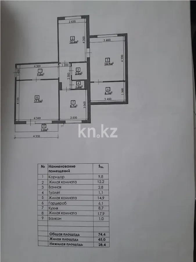 Продажа 3-комнатной квартиры, 74 м² в Караганде