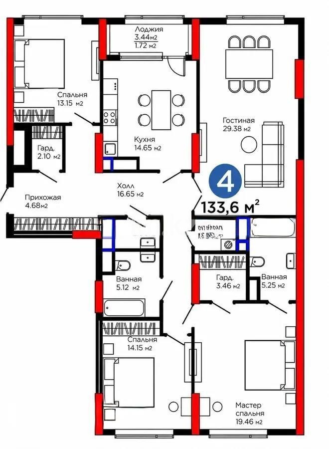 Продажа 4-комнатной квартиры, 133.6 м² в Астане