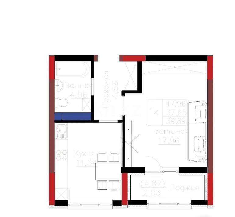 Продажа 1-комнатной квартиры, 39.89 м² в Астане