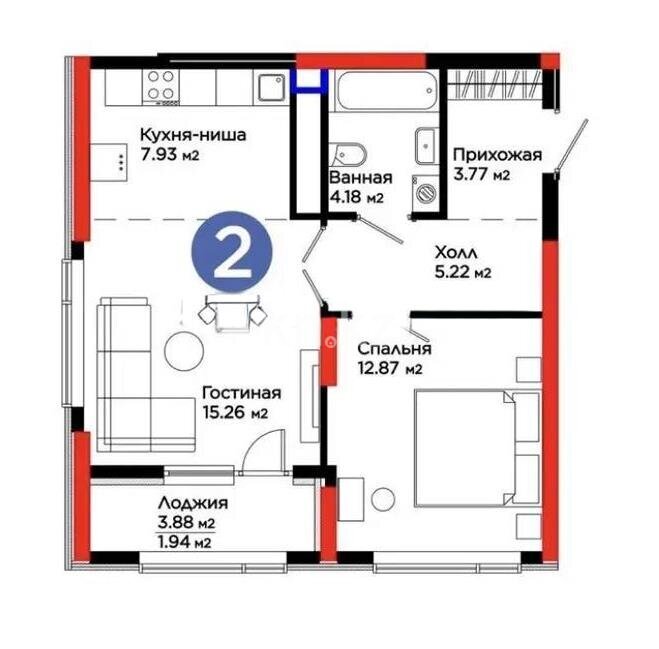 Продажа 2-комнатной квартиры, 51.17 м² в Астане