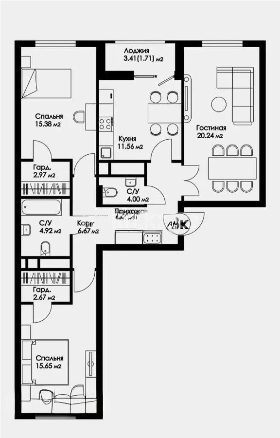 Продажа 3-комнатной квартиры, 93.71 м², пр. Туран, дом  89/3 стр в Астане