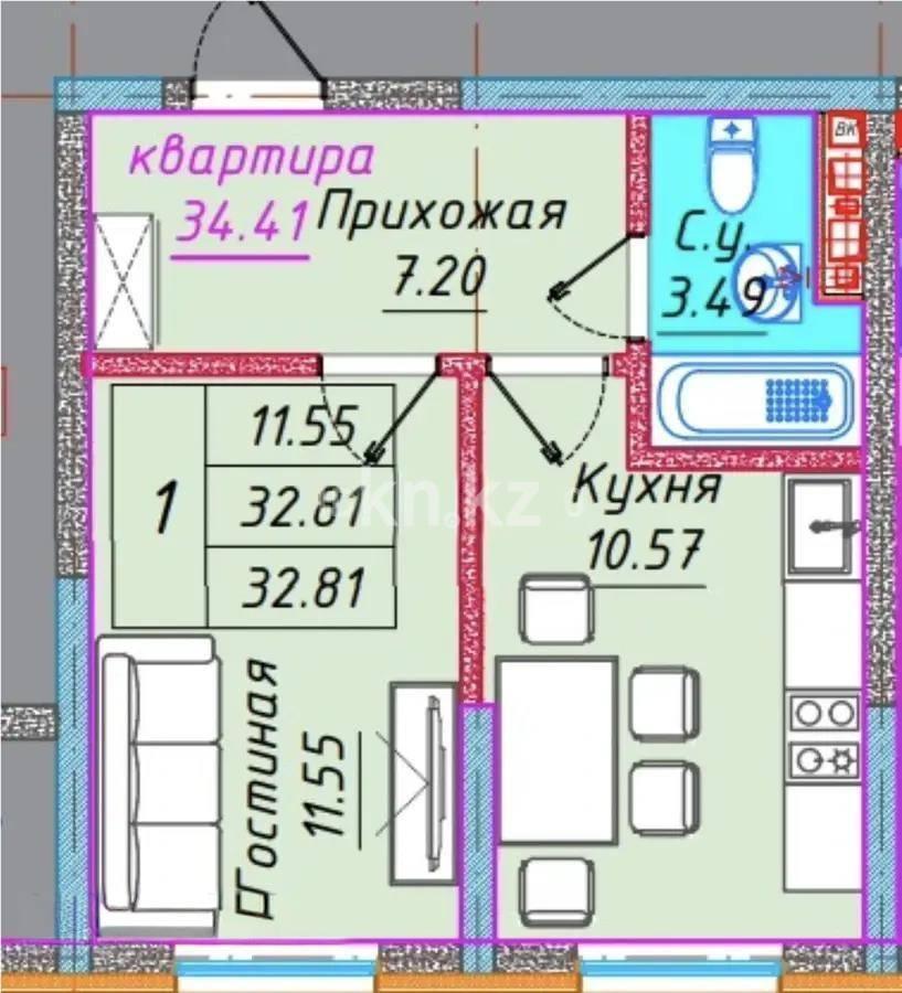 Продажа 1-комнатной квартиры, 34.41 м² в Алматы