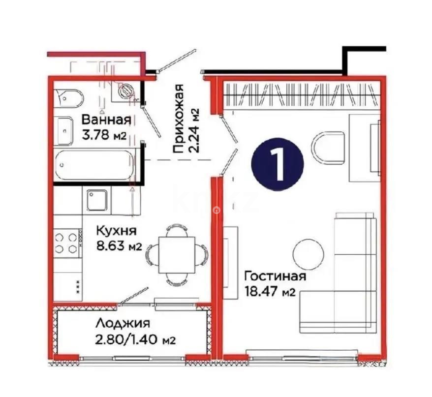 Продажа 1-комнатной квартиры, 34.53 м² в Астане