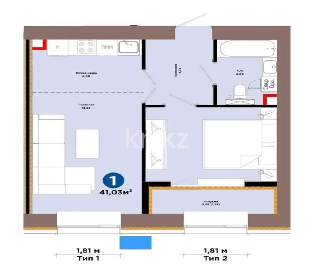 Продажа 1-комнатной квартиры, 41 м² в Астане