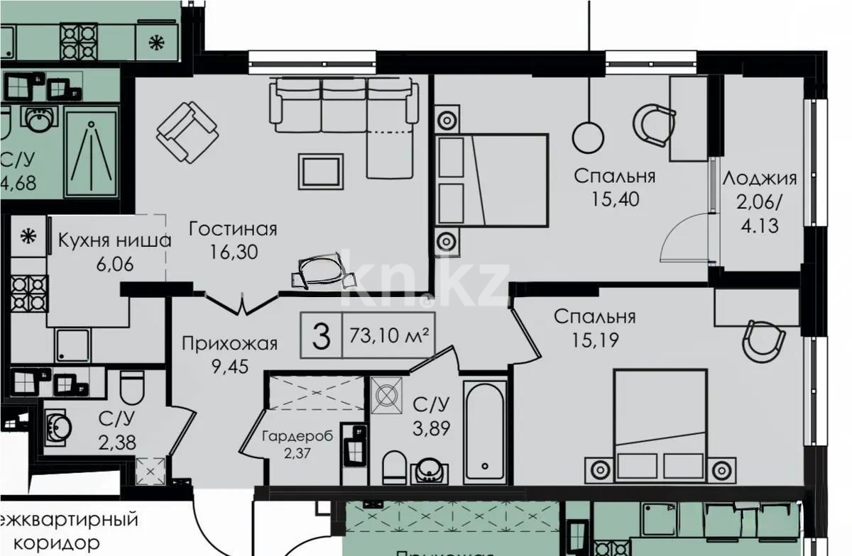Продажа 3-комнатной квартиры, 73.1 м² в Астане - фото 4