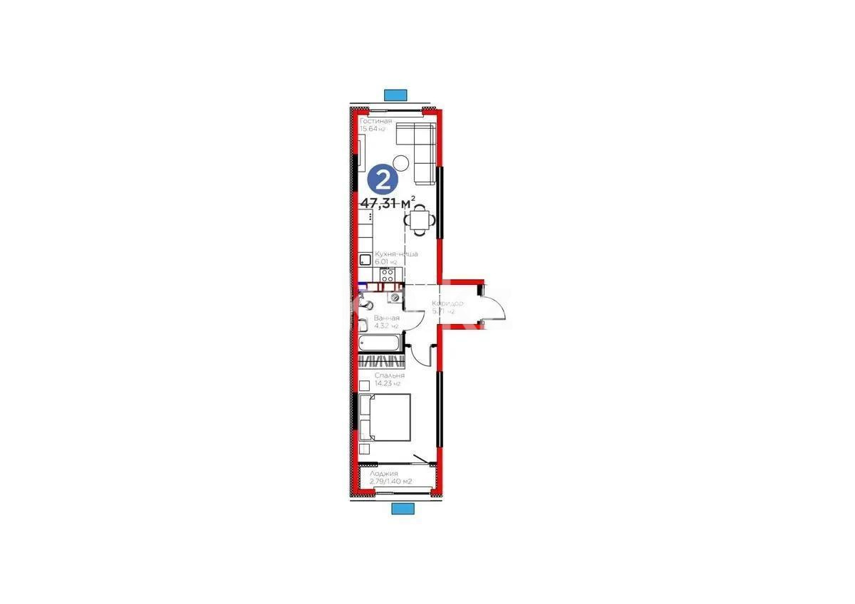 Продажа 2-комнатной квартиры, 47.31 м² в Алматы