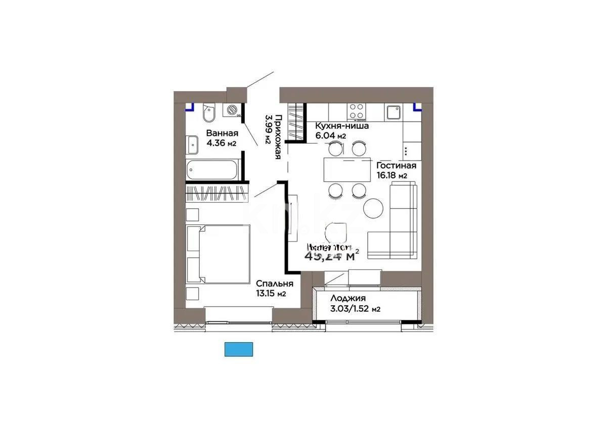 Продажа 2-комнатной квартиры, 45.24 м² в Астане