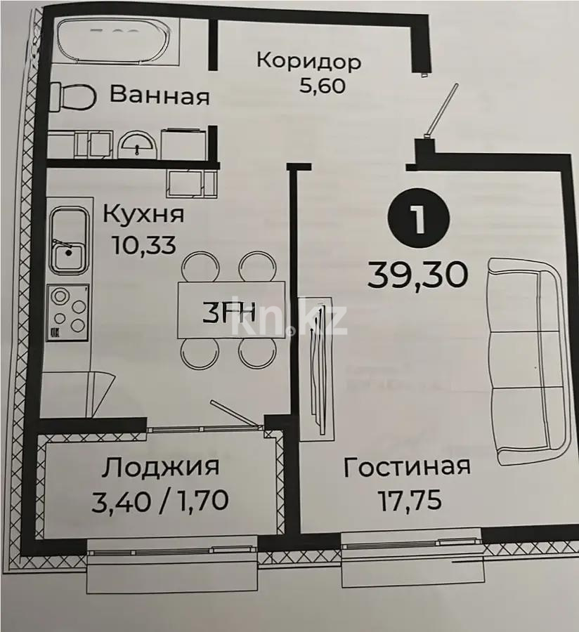 Продажа 1-комнатной квартиры, 39.3 м² в Астане