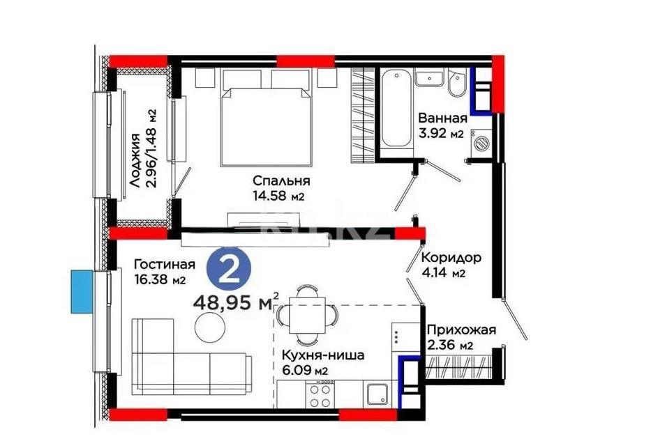 Продажа 2-комнатной квартиры, 48.95 м² в Астане