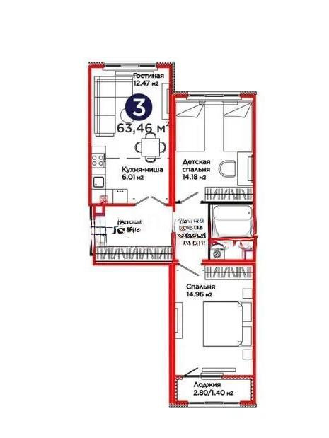 Продажа 3-комнатной квартиры, 63.46 м² в Астане