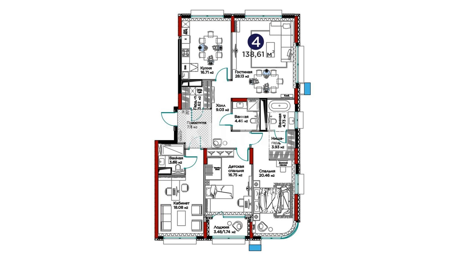 ЖК GreenLine.Tiara, 4-комнатная, цена 134 313 090 ₸, 969 000 ₸&nbsp;/&nbsp;м²
