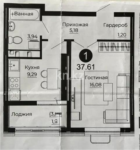 Продажа 1-комнатной квартиры, 37.61 м², ул. Казыбек би, дом  41/1 в Астане