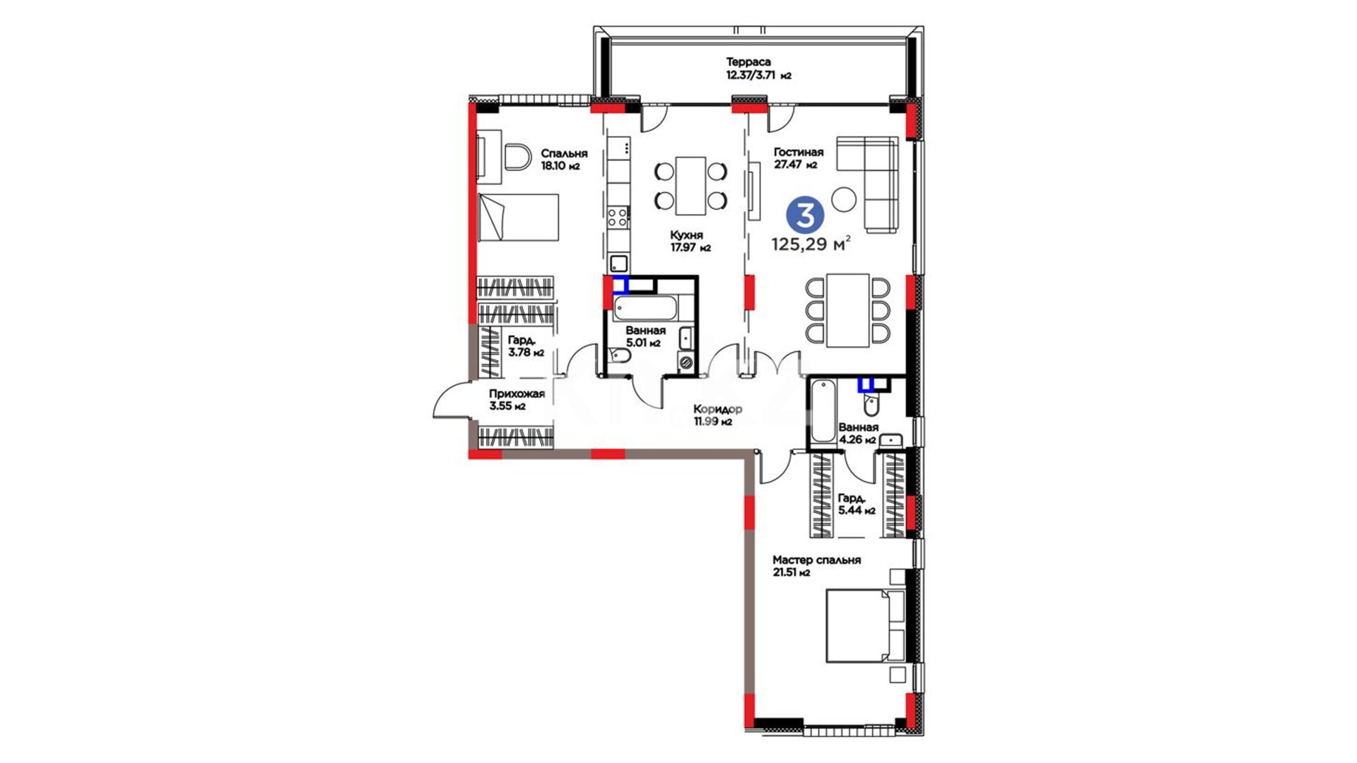 ЖК Family Gardens, 3-комнатная, цена 138 069 580 ₸, 1 102 000 ₸&nbsp;/&nbsp;м²