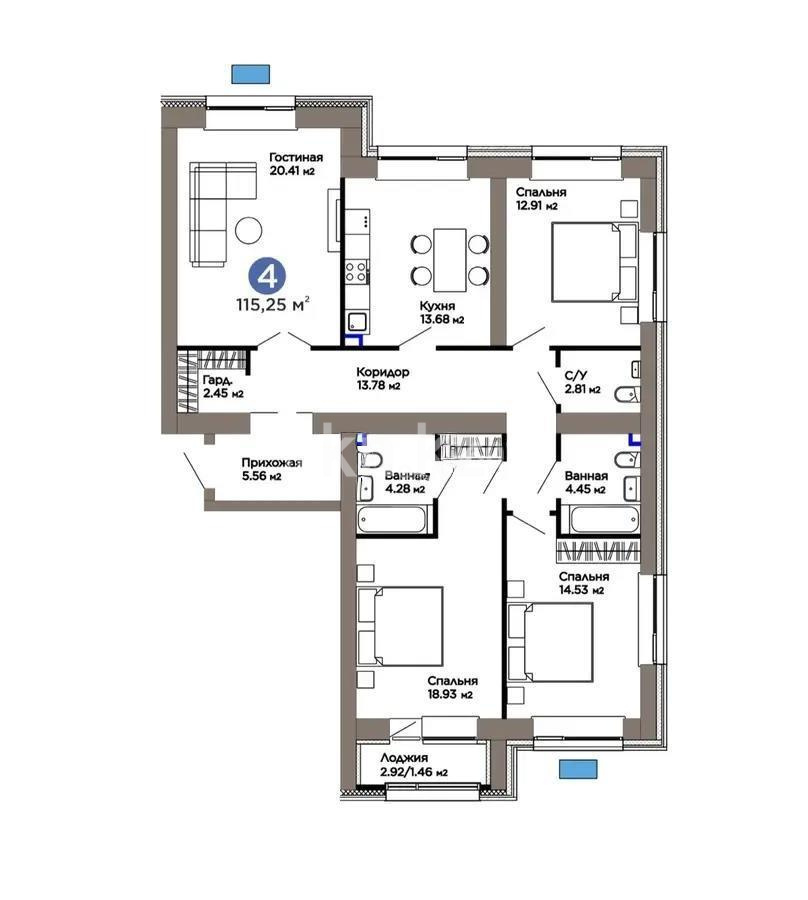 Продажа 4-комнатной квартиры, 115.25 м² в Астане