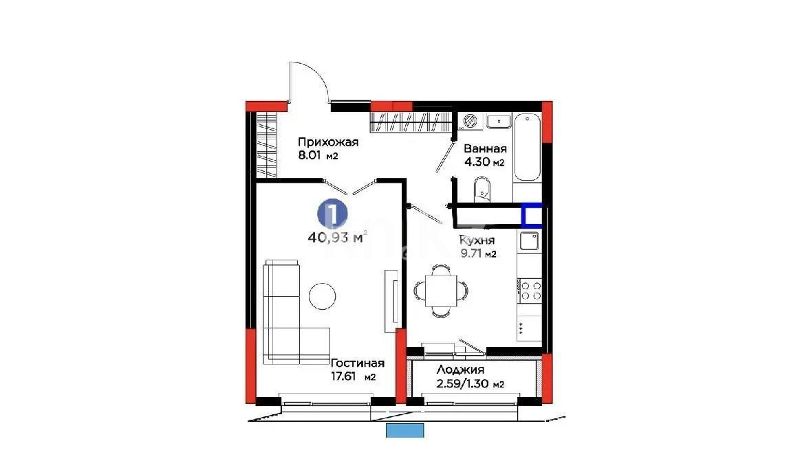 Продажа 1-комнатной квартиры, 40.93 м², ул. Рыскулова, дом  18/1 в Астане