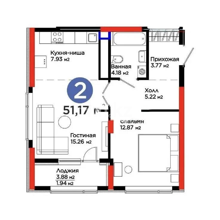 Продажа 2-комнатной квартиры, 50.3 м² в Астане