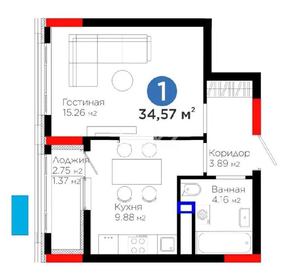 Продажа 1-комнатной квартиры, 34.57 м², пр. Туран, дом  57/4 в Астане