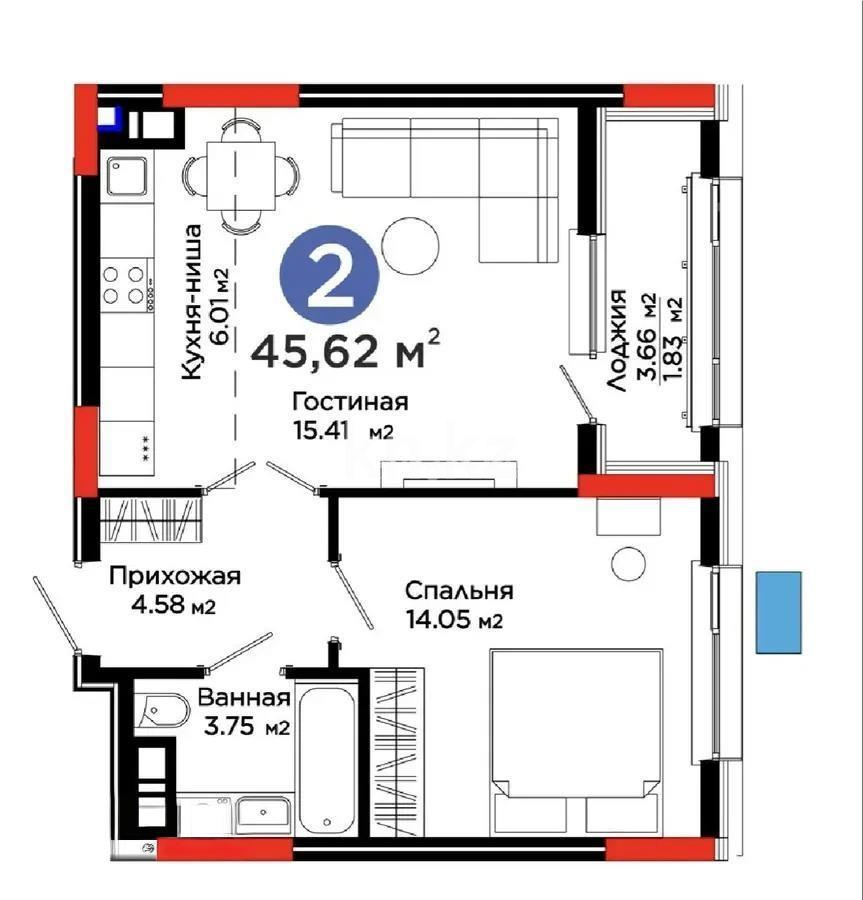Продажа 1-комнатной квартиры, 45.62 м², ул. Е-321, дом  6/2 в Астане - фото 3
