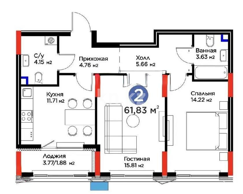 Продажа 2-комнатной квартиры, 62 м² в Астане