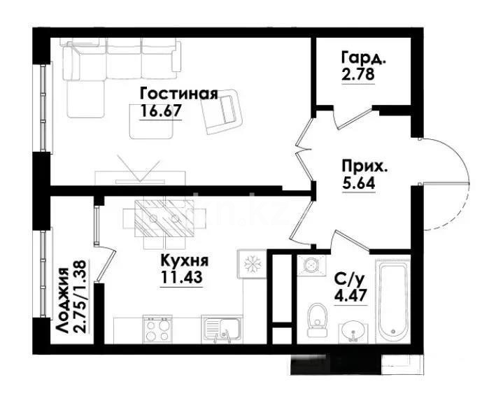 Продажа 1-комнатной квартиры, 42.37 м² в Алматы