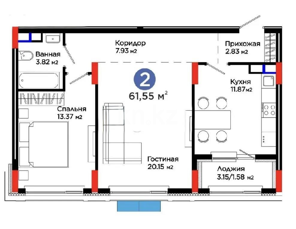 Продажа 2-комнатной квартиры, 61.55 м² в Астане