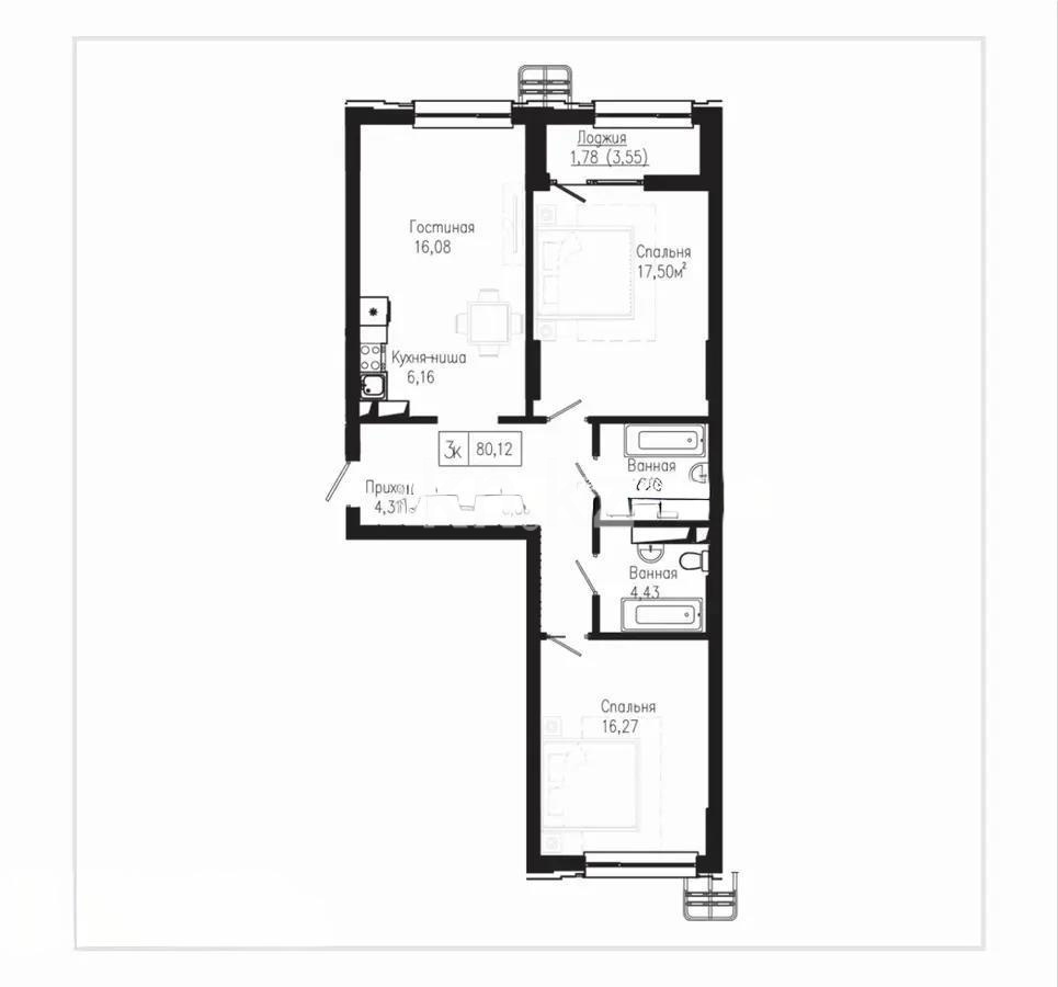 Продажа 3-комнатной квартиры, 80.23 м² в Астане