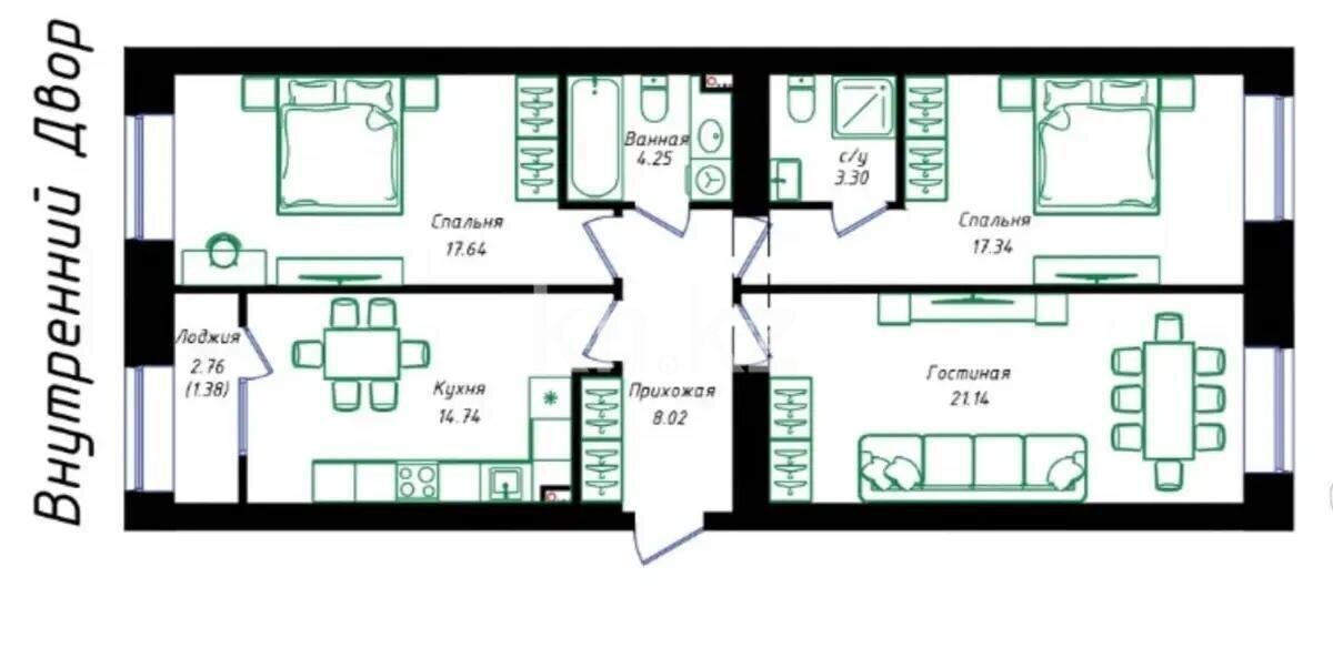 Продажа 3-комнатной квартиры, 87.81 м² в Астане