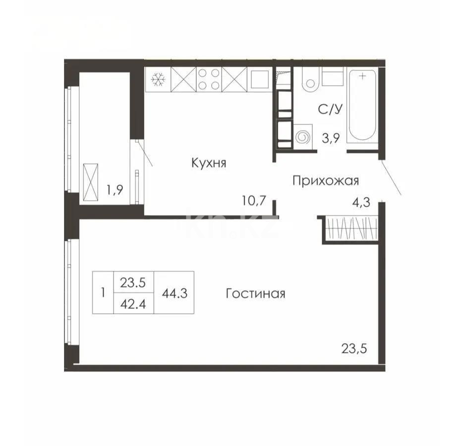 Продажа 1-комнатной квартиры, 44.3 м² в Астане
