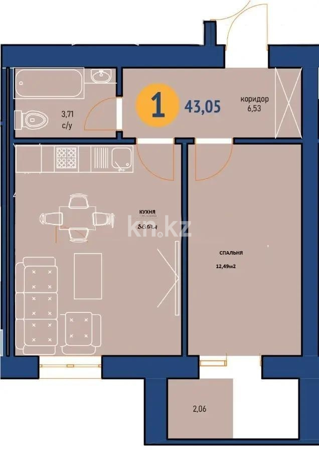 Продажа 2-комнатной квартиры, 43.5 м² в Астане