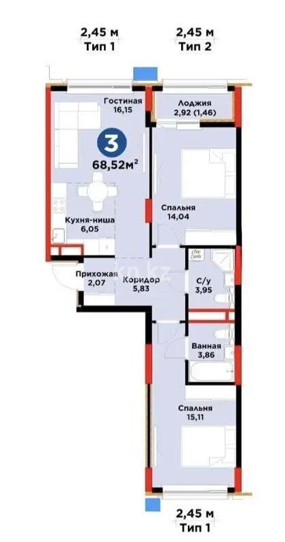 Продажа 3-комнатной квартиры, 70 м² в Астане