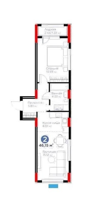 Продажа 2-комнатной квартиры, 46.15 м² в Астане