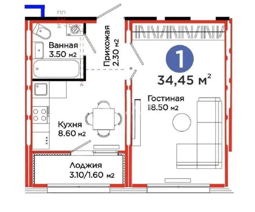 Продажа 1-комнатной квартиры, 34.45 м² в Астане