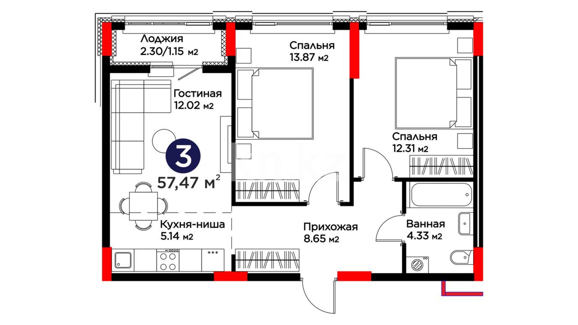 ЖК Family Nest A, 3-комнатная, цена 32 068 260 ₸, 558 000 ₸&nbsp;/&nbsp;м²