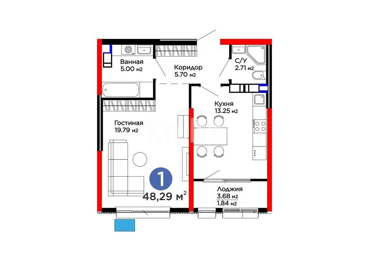 Продажа 1-комнатной квартиры, 48.29 м² в Алматы - фото 3