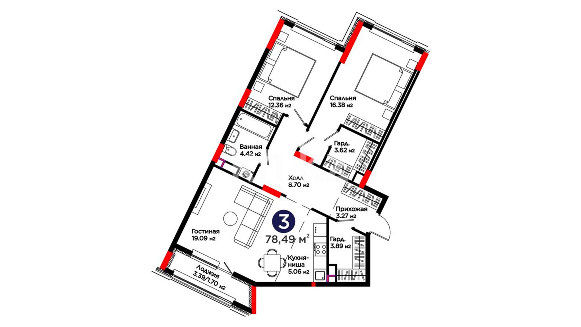ЖК Family Nest A, 3-комнатная, цена 39 558 960 ₸, 504 001 ₸&nbsp;/&nbsp;м²