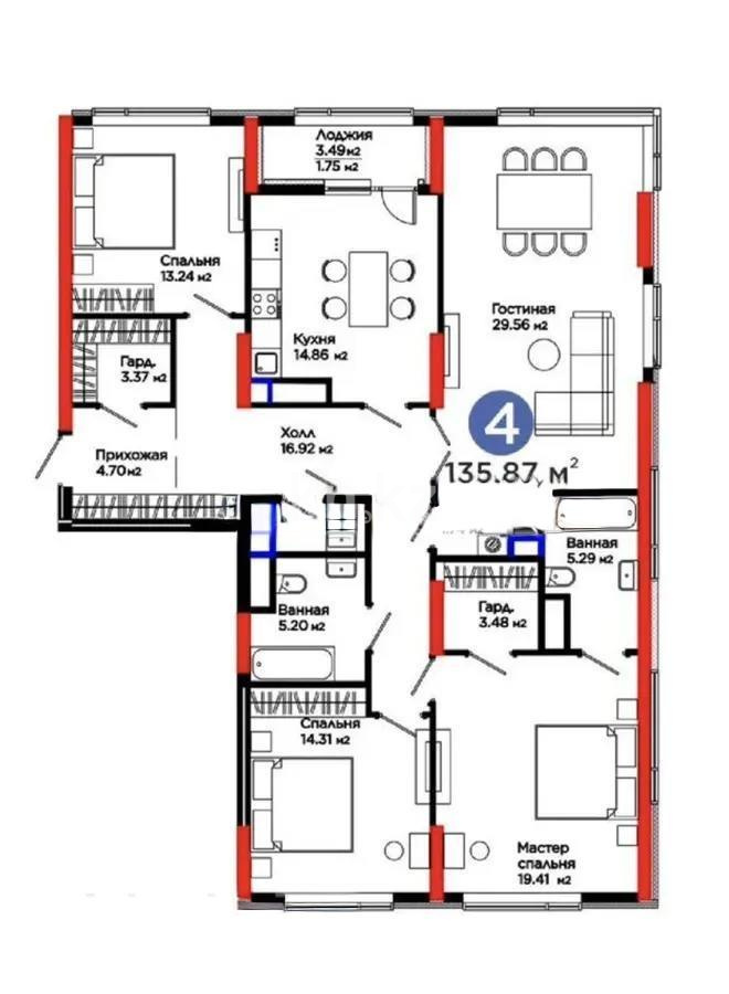 Продажа 4-комнатной квартиры, 135.87 м² в Астане