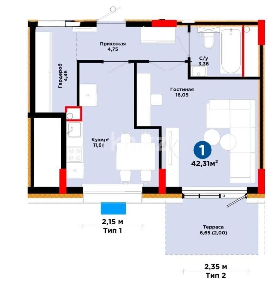 Продажа 2-комнатной квартиры, 43 м² в Астане
