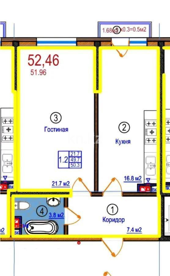 Продажа 1-комнатной квартиры, 52.5 м² в Алматы