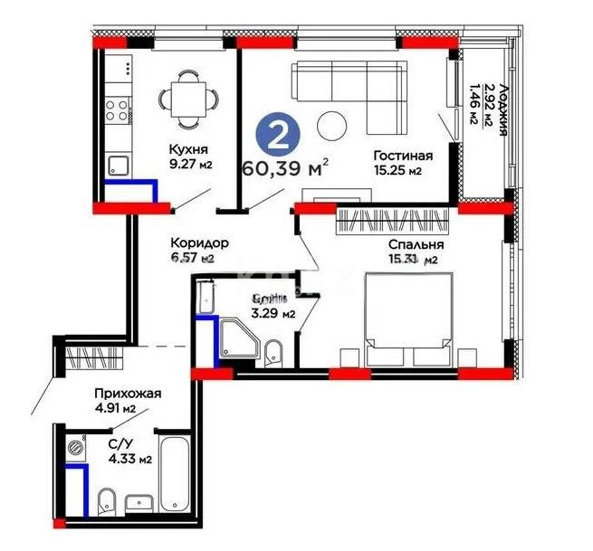 Продажа 2-комнатной квартиры, 60.39 м² в Астане