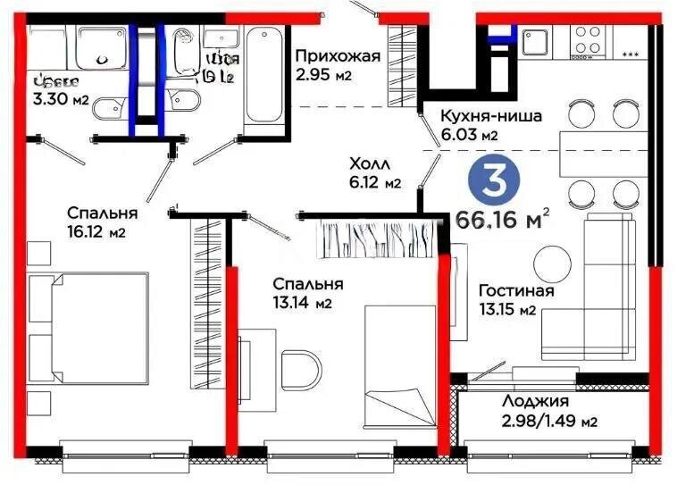 Продажа 3-комнатной квартиры, 66.16 м² в Астане