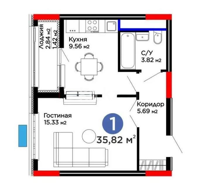 Продажа 1-комнатной квартиры, 35.82 м² в Астане