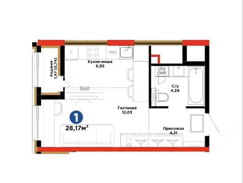Продажа 1-комнатной квартиры, 28.17 м² в Астане